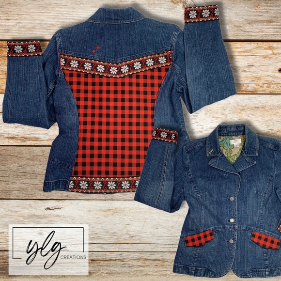Denim Jacket Boho Red Buffalo Plaid Refashioned Winter Holiday LOFT Womens 6 - Picture 1 of 13